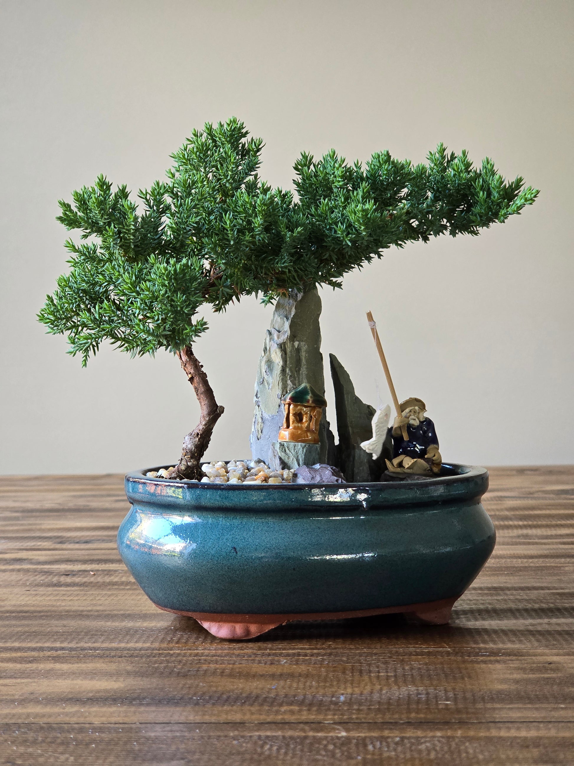 bonsai tree with fisherman Strictly PICKUP ONLY) Bonsai with figurines and pond in Gift bag – B for Bonsai